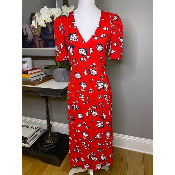 Veronica Beard Joia Red Multi Floral Print V-Neck Midi Dress Women's Size 2 - Picture 5 of 12